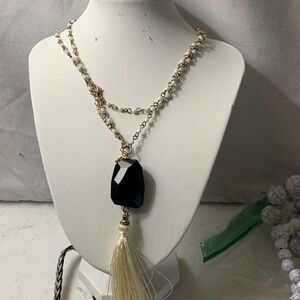 Elegant Black and Gold Tone and glass Tassel Necklace
